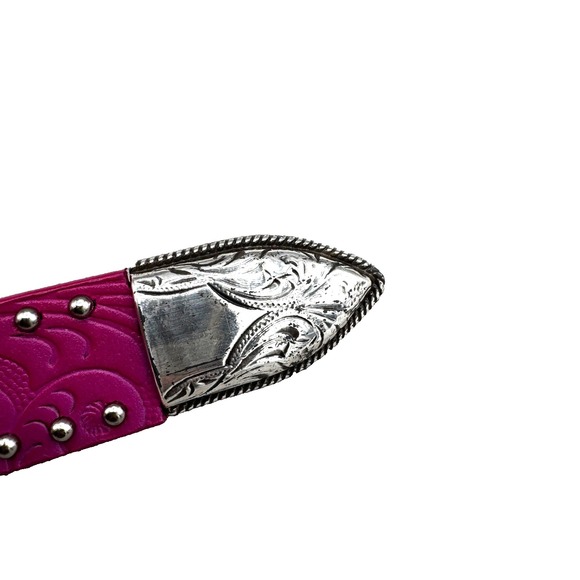 Tooled Studded Leather Western Belt Women's 38 Pink Floral Yellowstone Cowgirl - Picture 11 of 13